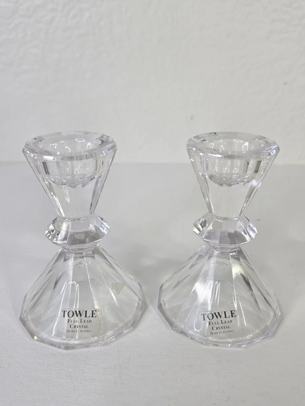 Towle‎ Pair Crystal Candlesticks Facet Diamond Cut Made In Austria Art Deco Vtg